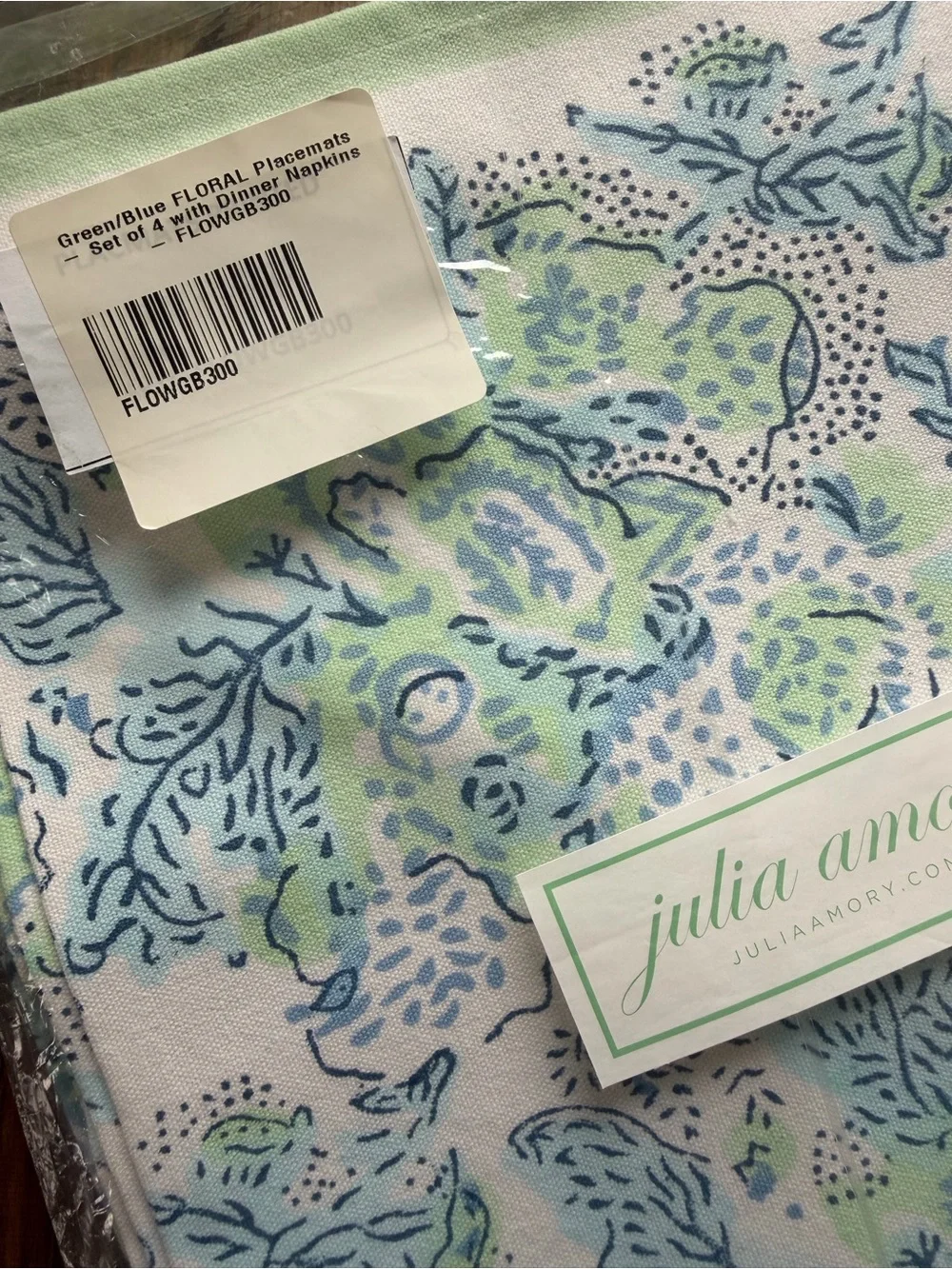 NWT Julia Amory Floral Cotton Placemat and Napkins Set (4 each), Mint and Blue